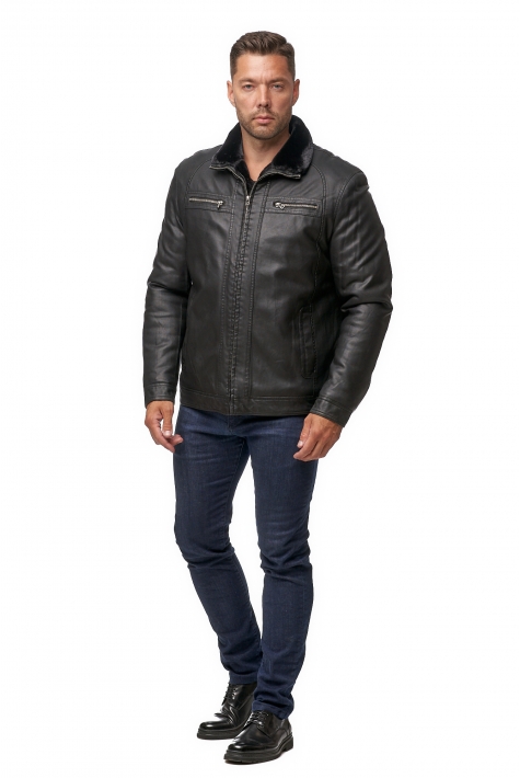Мужская кожаная куртка из эко-кожи с воротником, отделка искусственный мех 8012317