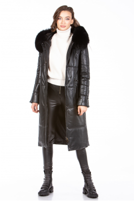 Черное женское кожаное пальто из натуральной кожи с капюшоном, отделка песец
